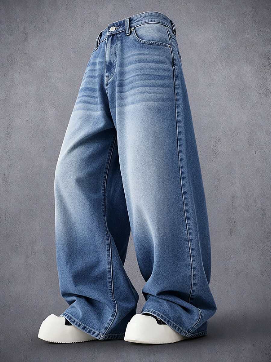Manfinity Denimwave بنطلون جينز رجالي عتيق مغسول فضفاض جداً بساق واسعة، بنطلون جينز فضفاض بحجم كبير، أسلوب ملابس الشارع الهيب هوب - الأزرق - مشاهدة 1