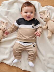 SHEIN Newborn Baby Letter Print Long Sleeve Top And Pants Set - Khaki - View 3