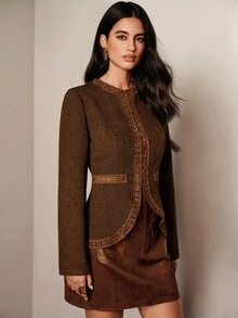 BELROSIE Women's Autumn/Winter Brown Round Neck Lace Trim Waist-Cinching Blazer - Brown - View 4