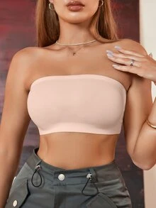 SHEIN 女款純色無鋼圈無肩帶舒適抹胸內衣 - 淺粉色 - 查看 6