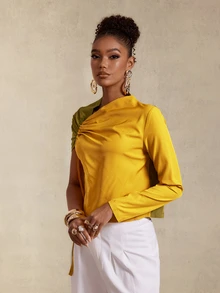 BamGlimmer Atasan Wanita Lengan Panjang Satu Bahu dengan Motif Blok Warna - MultiWarna - View 4
