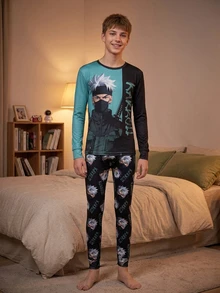 SHEIN 2pcs/Set Teen Boy/Teen Boys Casual Anime Print Fitted Long Pajama Set, Perfect For Autumn/Winter Back To School Season - 彩色 - 查看 6