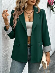 Louniche 女款翻領長袖單排扣休閒輕量西裝外套 - 墨綠色 - 查看 3