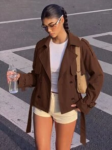 SHEIN Girlism 青少年女孩棕色短版雙排扣風衣外套，秋季穿搭，冬季優雅通勤，長袖收腰，肩章領口，秋季外套 - 棕色 - 查看 4