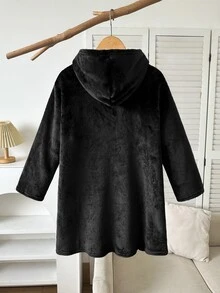 SHEIN 兒童青少年男孩秋冬遊戲機圖案連帽長袖袋鼠口袋抓絨長版運動衫 - 黑色 - 查看 2