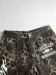 ROMWE MEN Street Life Fashionable Leopard Print Classic Color Casual Versatile Comfortable Men's Denim Jeans - Brown - View 3