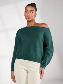 SHEIN BASICS 女款素色落肩針織衫，深秋休閒不對稱長袖寬鬆冬季上衣 - 墨綠色 - 查看 6