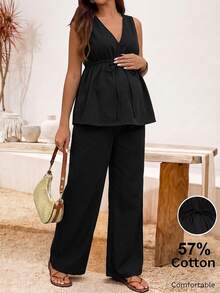SHEIN Maternity Waist Tie Sleeveless Top And Long Pants Casual Denim 2 Pieces Set - Black - View 4
