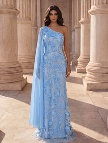 Coutiva Women's Asymmetrical Neckline High Waist Evening Dress - Blue - View 3