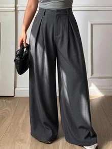 Dazy Plus Solid Color Loose Pleated Wide Leg Pants Elegant Casual Fall Long Pants Grey Suit Trousers Office Formal - Dark Grey - View 4
