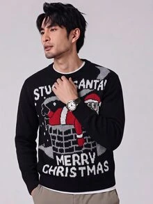 Manfinity Homme 聖誕男士圓領懶人長袖套頭毛衣，保暖家庭氛圍親子情侶套裝 - 黑色 - 查看 4