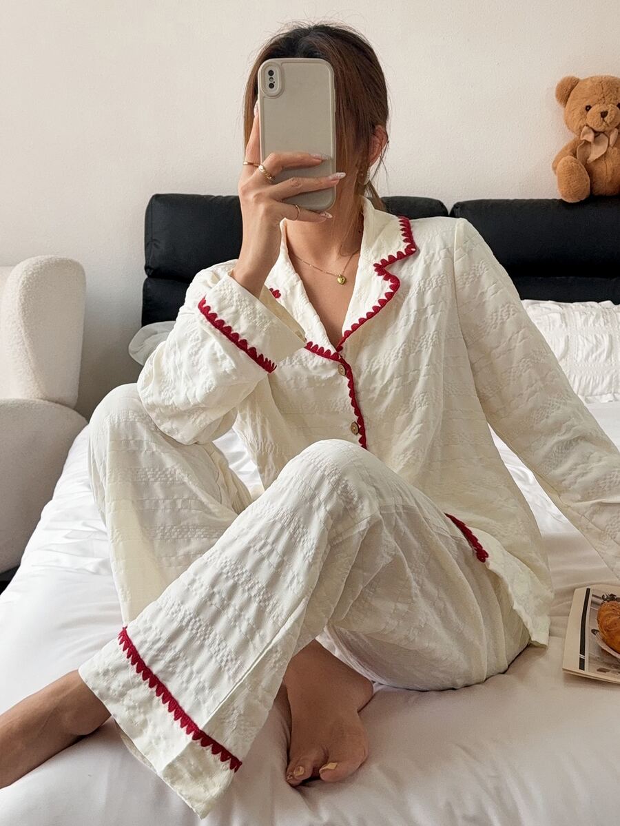 Napfluff Romantic Fresh Contrast Color Machine Embroidered Lace Trim Turn-Down Collar Coconut Button Long Sleeve Long Pants Women's Loungewear Set - Apricot - View 1