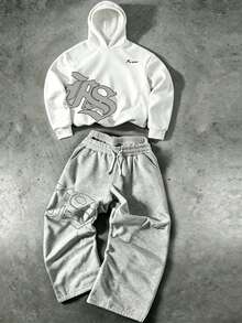 SHEIN 兒童青少年男童 2件組休閒簡約秋季新款 Y2K 嘻哈風酷感英文字母圖案寬鬆連帽衛衣＋長袖長版喇叭褲套裝，適合秋冬、校園、家庭聚會、開學季、生日派對、拍照、度假、假日 - 彩色 - 查看 1
