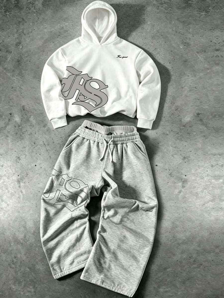 SHEIN 兒童青少年男童 2件組休閒簡約秋季新款 Y2K 嘻哈風酷感英文字母圖案寬鬆連帽衛衣+長袖長版喇叭褲套裝,適合秋冬、校園、家庭聚會、開學季、生日派對、拍照、度假、假日 - 彩色 - 查看 1