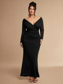 SHEIN BAE CURVE Plus Size Women's Multi-Color Ruffle Ruched Cup Spaghetti Strap Dress, Elegant Beach Vacation Dress - Black - View 5