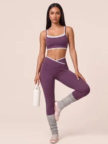 SHEIN BAE Women's 2 Pieces Cropped Camisole And Leggings Sports Set - Baby Pink - View 5