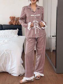 Napfluff Women's Casual Home Striped Print Lapel Contrast Color Ruffle Bowknot Long Sleeve Long Pants Pajama Set - Multicolor - View 1