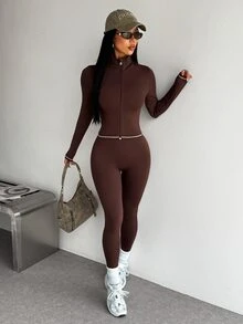 SHEIN Dewbera Women's Long Sleeve Zipper Front Jacket, Fitted Vest And Leggings Sports Set - Brown - View 4