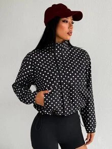 SHEIN Dewbera Women's Polka Dot Pattern Long Sleeve Pocket Casual Sports Jacket - Black - View 5