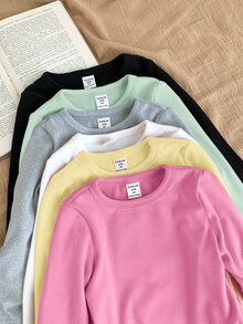 SHEIN 女童小女孩 6件組純色針織圓領休閒T恤，刷毛加厚面料，適合秋冬穿著 - 彩色 - 查看 5