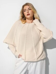 Maija Plus Size Women's Round Neck Batwing Long Sleeve Fashion Pullover Sweater - Beige - View 4