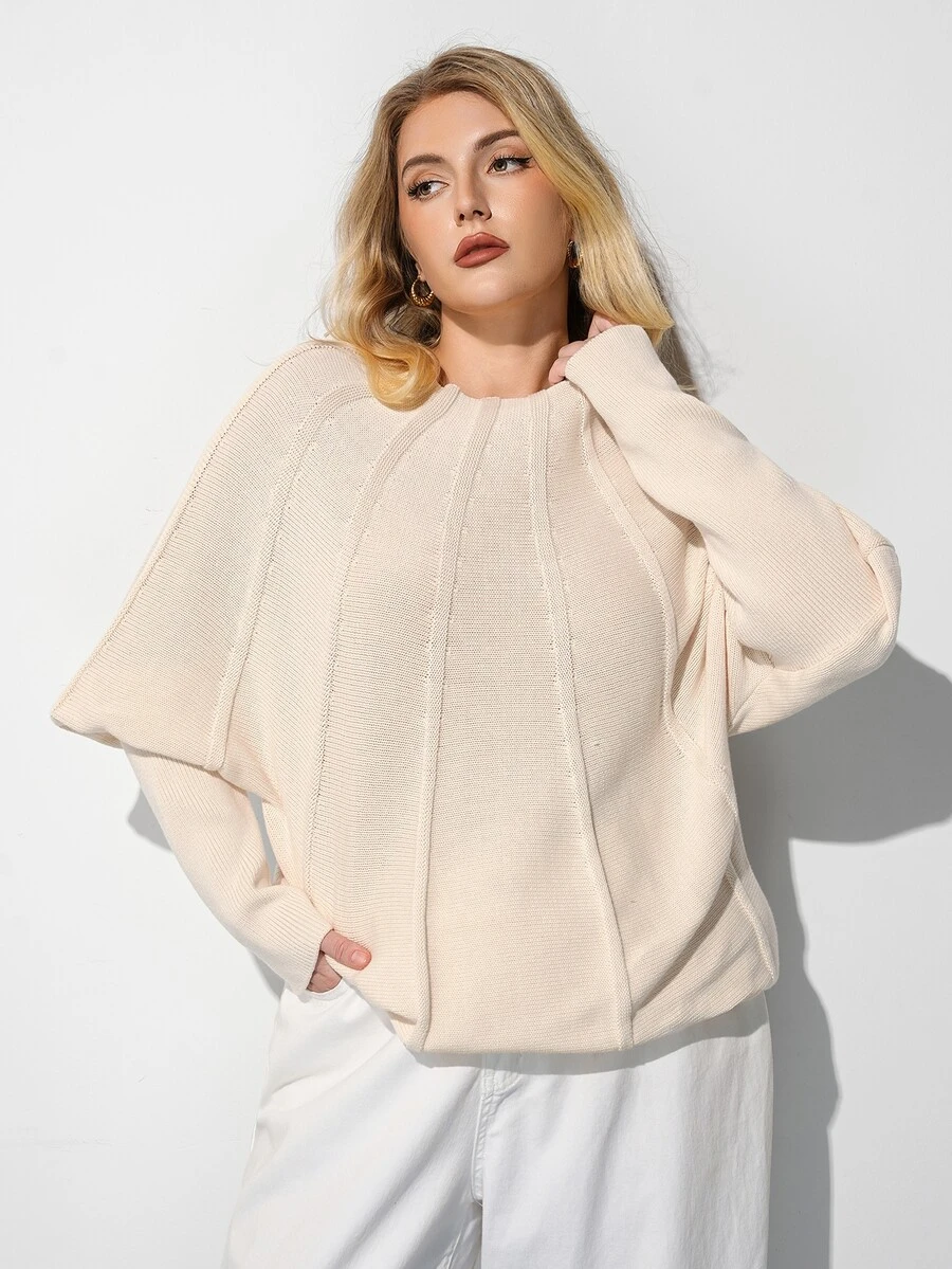 Maija Plus Size Women's Round Neck Batwing Long Sleeve Fashion Pullover Sweater - Beige - View 1