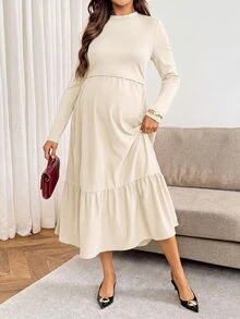 SHEIN Nursing Long Sleeve Minimalist Pleated Dress - Apricot - View 11