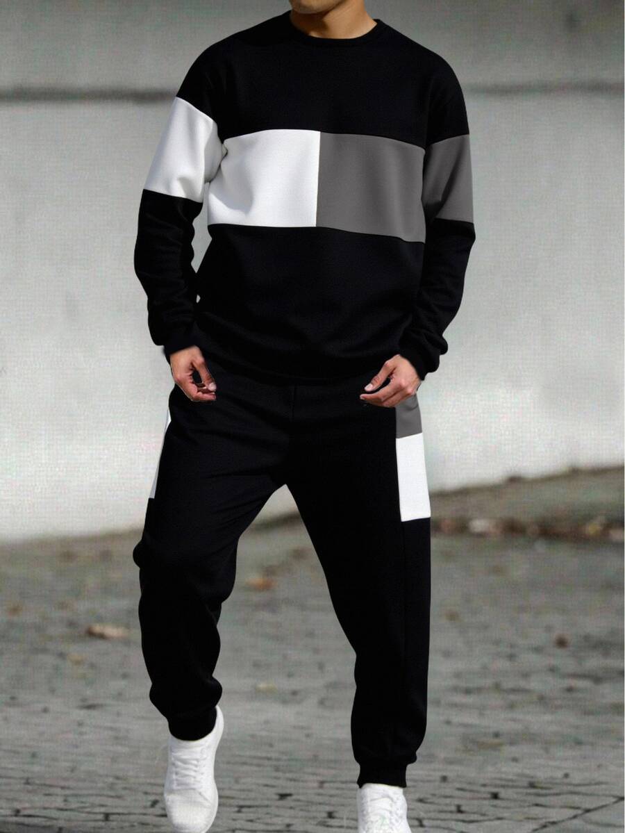 SHEIN 2件組青少年男孩拼色運動衫與長褲套裝,休閒學院風,舒適時尚簡約百搭,柔軟面料,適合日常穿著、上學、旅行、戶外運動,四季皆宜 - 深灰色 - 查看 1
