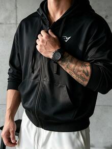 Gym Rark Men's Geometric Print Zip-Up Hooded Sports Jacket With Pockets - Black - View 3
