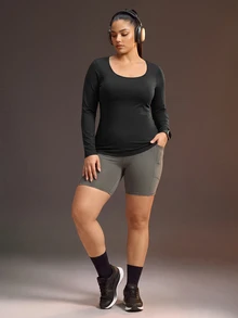 Powerista Women's Plus Size Backless Long Sleeve Square Neck Fitted Sports T-Shirt Suitable For Running, Workout, Exercise, Yoga - Black - View 2