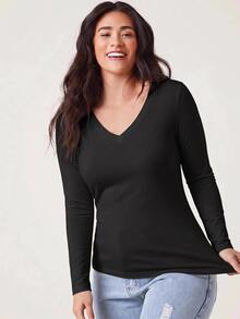EMERY ROSE Plus Size Women V Neck Black Long Sleeve Fleece Thermal Shaping Tee Fit T-Shirt Fall/Winter Warmth - White - View 7