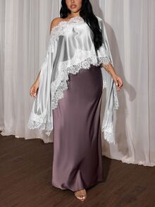 Rustia Plus Size Solid Color Elegant Minimalist One-Shoulder Sexy Asymmetrical Hem Lace Patchwork Loose Blouse For Women - Light Grey - View 4