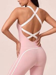 SHEIN BAE Women's Contrast Trim Halter Neck Hollow Out Casual Sports Jumpsuit - Baby Pink - View 2