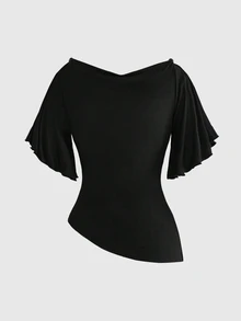 ROMWE Hippie Spring Summer Autumn Solid Color Casual Shoulder Strap Wooden Bead Decor Batwing Sleeve Ruched Waist Slimming Design Cowl Neck Plus Size Women's Top - Black - View 2