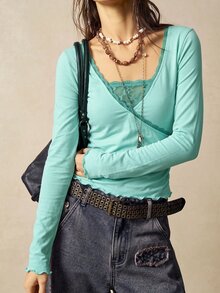 Bohemela 女款素色拼接蕾絲長袖時尚T恤 - 藍色 - 查看 1