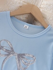 Girls' Light Blue Bow Print Long Sleeve Top And Full Bow Print Contrast Trim Long Pants Loungewear Set - Multicolor - View 5
