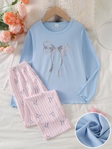 Girls' Light Blue Bow Print Long Sleeve Top And Full Bow Print Contrast Trim Long Pants Loungewear Set - Multicolor - View 3