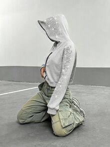StreetHx Women's Gothic Text Rhinestone Short Zip-Up Hoodie Sweatshirt, Autumn/Winter - Light Grey - View 4