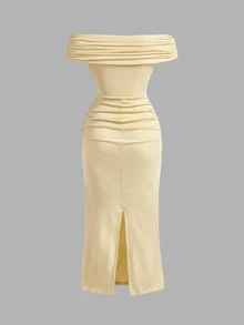 SHEIN MOD Women's Solid Color Off-Shoulder Ruched Casual Party Dress - Apricot - View 3
