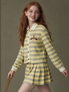 Elnivra Women's Letter Embroidered Striped Long Sleeve Single-Breasted Top And Pleated Skirt Casual 2 Pieces Set - Yellow - View 1