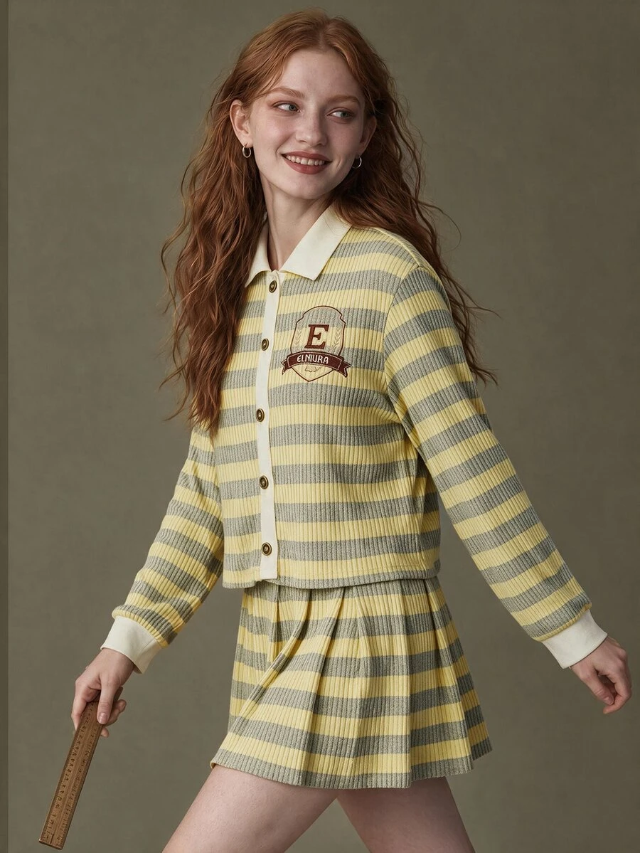 Elnivra Women's Letter Embroidered Striped Long Sleeve Single-Breasted Top And Pleated Skirt Casual 2 Pieces Set - Yellow - View 1