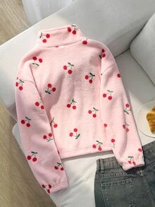 SHEIN Gadis Remaja Perempuan Jaket Rajut Pita Mewah Kerah Tegak Setengah Resleting Patchwork Longgar Kasual - Baby Pink - View 2