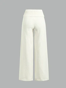SHEIN Teen Girl Teen Girl Autumn/Winter Fashion Casual High Waist Cuffed Button Decor Knit Solid Color Flare Long Pants - Beige - View 4