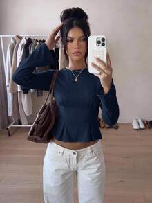Siren Gaze Women's Solid Color Casual Daily Long Sleeve T-Shirt - Navy Blue - View 8