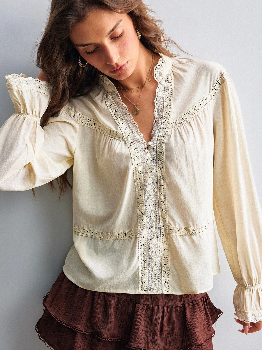 Willow Rêve Women's Contrast Lace V-Neck Long Sleeve Casual Blouse - Cream - View 1