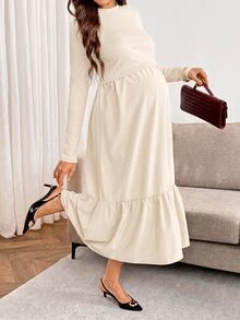SHEIN Nursing Long Sleeve Minimalist Pleated Dress - Apricot - View 3