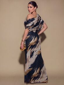 SHEIN BAE CURVE 大尺碼女款棕色長款抓褶洋裝，優雅長洋裝，適合外出與約會穿著 - 彩色 - 查看 2