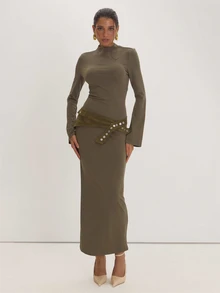 MUSEYN Khaki Jersey Long Sleeve Belt Detail Maxi Dress - Olive Green - View 4