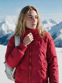 WanderVale Women's Solid Color Casual Fashion Minimalist Pockets Sports Outdoor Padded Coat - Red - View 5