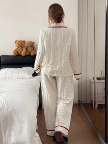 Napfluff Romantic Fresh Contrast Color Machine Embroidered Lace Trim Turn-Down Collar Coconut Button Long Sleeve Long Pants Women's Loungewear Set - Apricot - View 2
